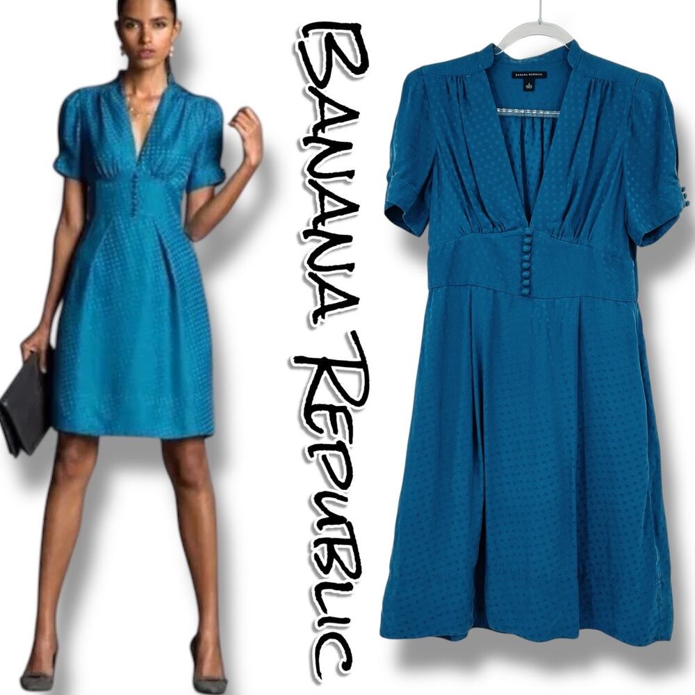 Banana Republic Silk Swiss Dot Midi Dress Teal V-Neck Pockets Womens Size 6